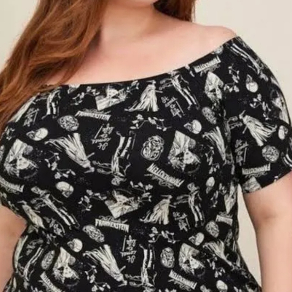 Universal Monsters Bride Of Frankenstein Foxy Off Shoulder Elbow Sleeve Top